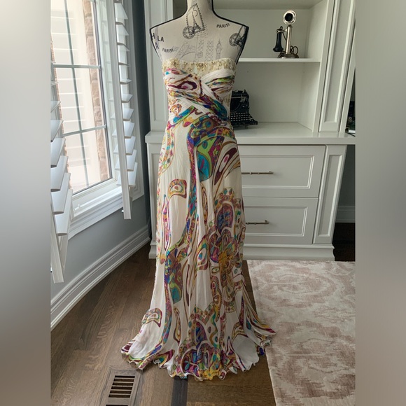 Vintage 90’S Y2K DIANE FREIS Silk Long Sparkle Bright Boho Strapless Gown Size 6 - Picture 11 of 16